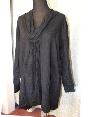Earth Linen Tunic Top Black Small long-sleeve draped Cowl neckline Lagenlook